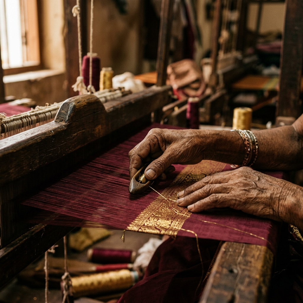 Weathered artisan hands weaving gold zari into a maroon silk Kanjivaram saree on the loom