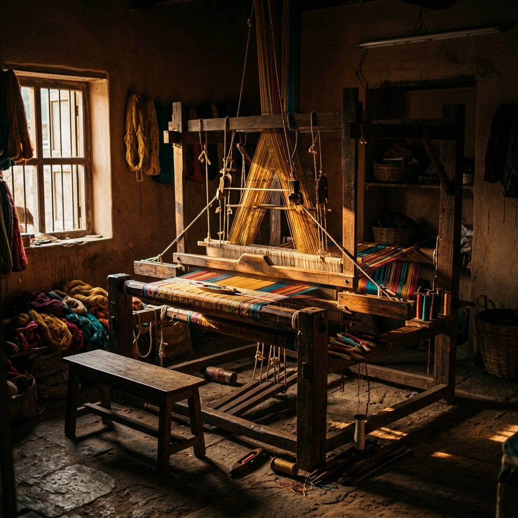 A traditional wooden handloom bathed in golden light in a Kanchipuram weaving studio